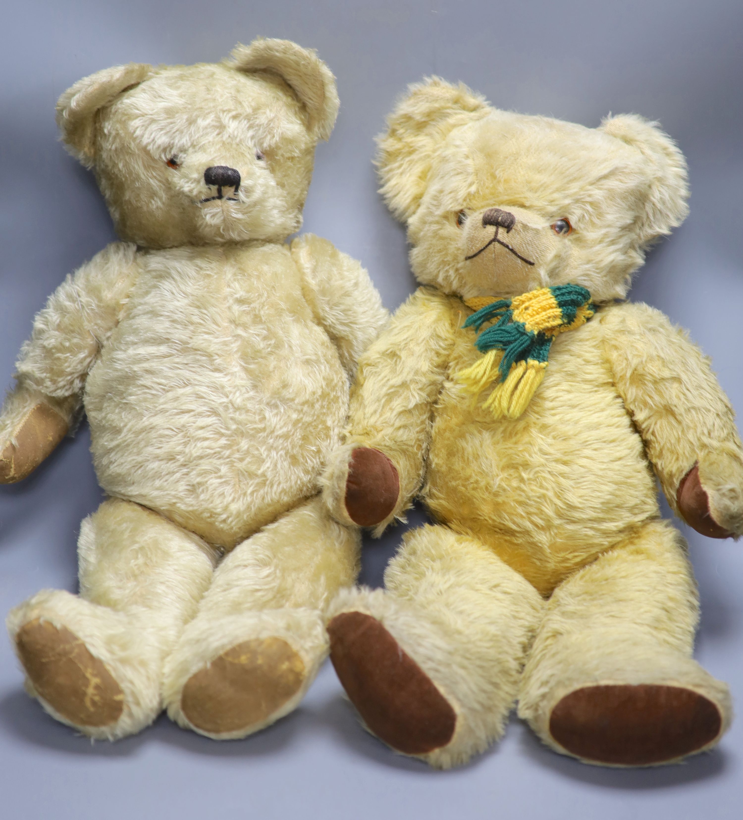 A pale blond Deans 1950s English teddy, 26in., rexine paws, good condition and a 1950s English bear, Deans Ragbook Childsplay label